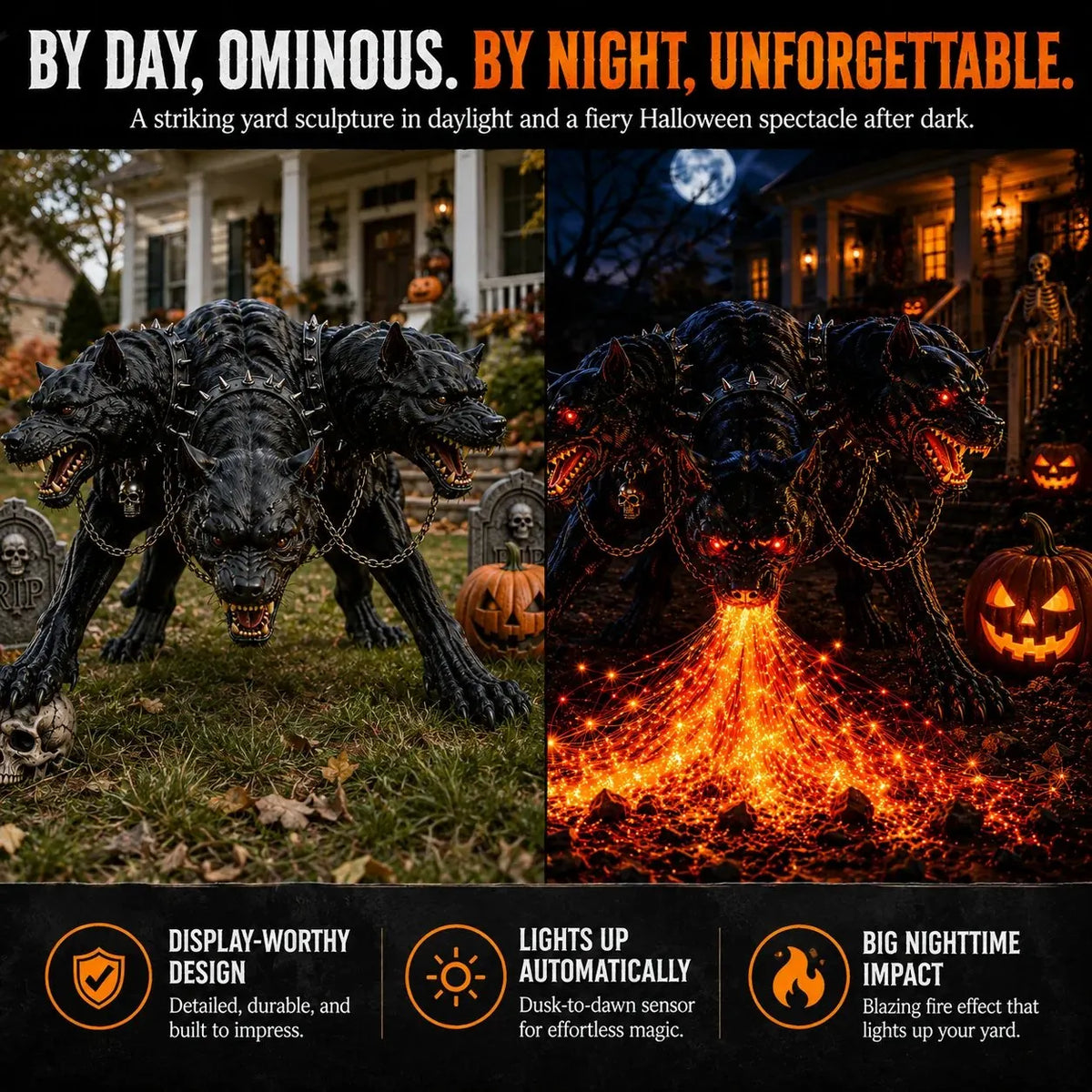 🔥 3-Headed Hellhound Halloween Light – Solar Fire-Breathing Yard Monster