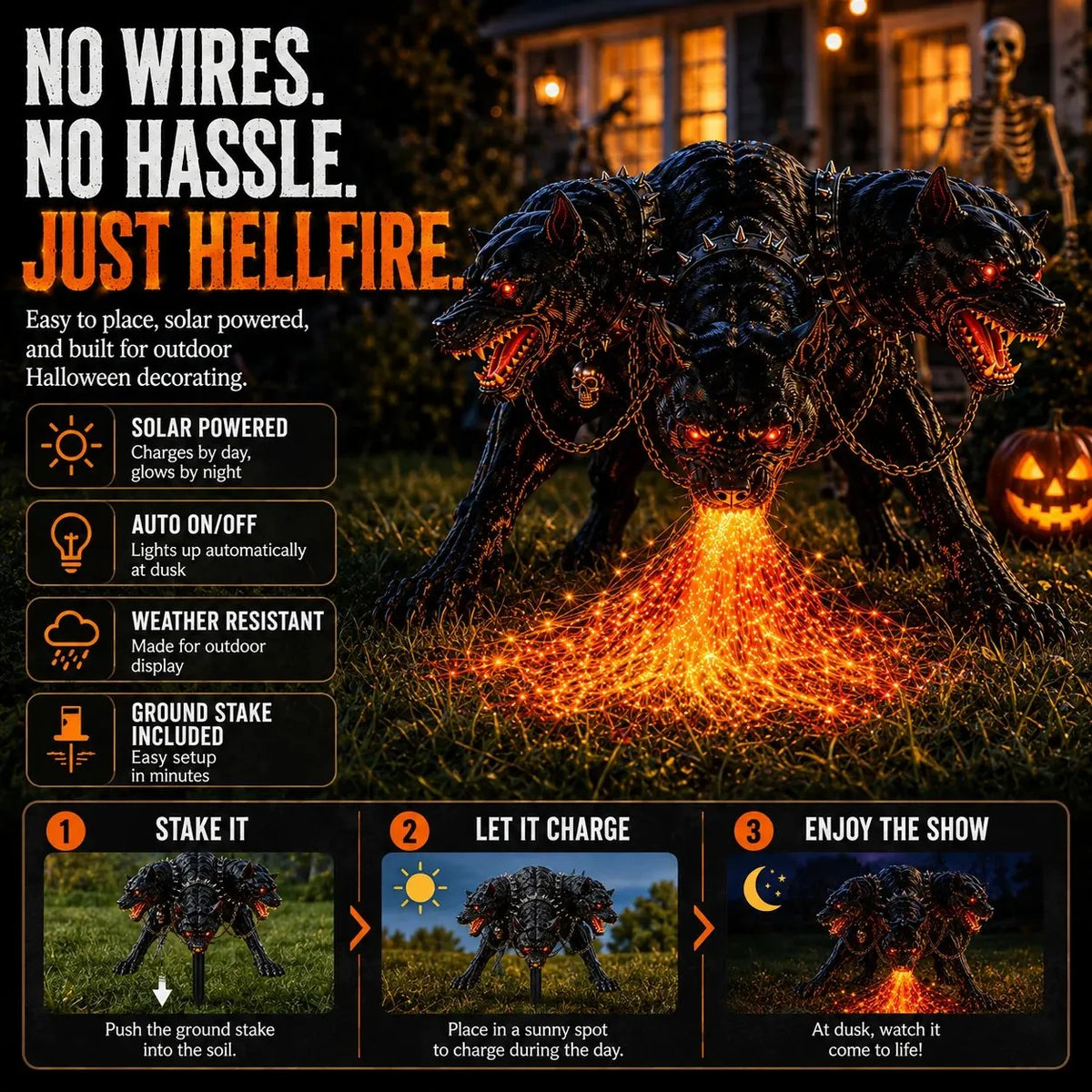 🔥 3-Headed Hellhound Halloween Light – Solar Fire-Breathing Yard Monster
